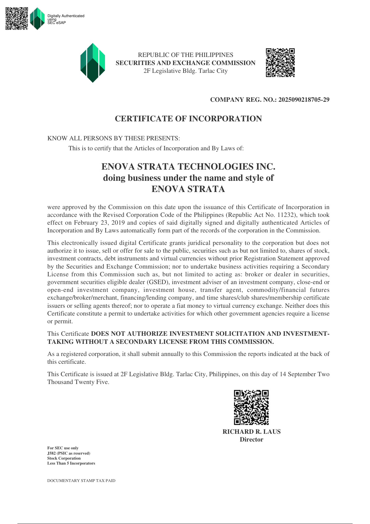 SEC Certificate of Incorporation for ENOVA STRATA TECHNOLOGIES INC.
